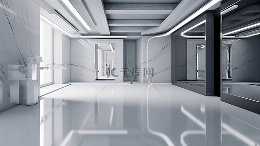 未来不再未来背景图片_当代陈列室的未来派 3D 渲染，配有白色地板和灰色墙壁，具有抽象的室内设计