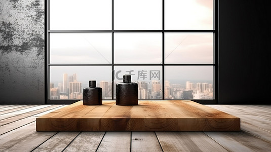 木质桌上背景图片_时尚阁楼墙 3D 渲染，带有木质桌面，用于产品展示