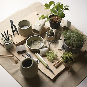 桌子上摆满了多种花园物品，包括植物和园艺工具