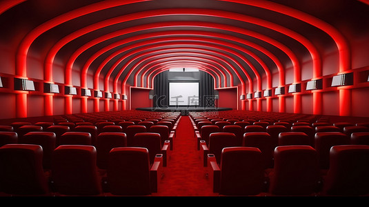 以白色屏幕和红色座椅为特色的电影院大厅的 3D 渲染