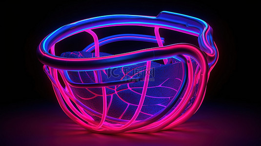 发光霓虹灯背景图片_3d 渲染中粉红色紫色和蓝色发光霓虹灯线的篮球架正面视图