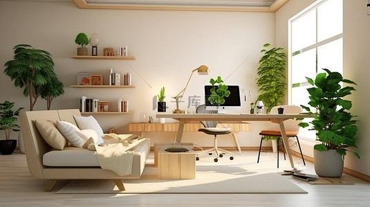 生活办公背景图片_客厅室内设计一个高效的工作空间，配有桌椅沙发边桌和灯 3D 渲染