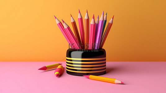 学术象征粉红墙，带有 3D 渲染的毕业帽和铅笔