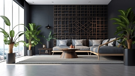 现代客厅的 3D 渲染，配有木格子 d cor 和混凝土地板上别致的黑色沙发