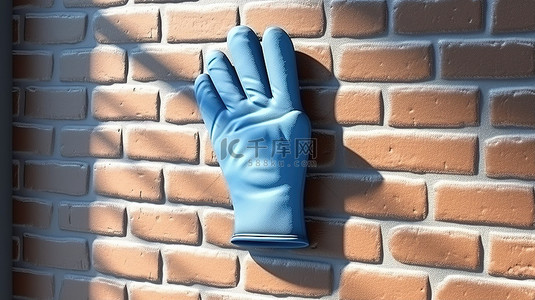 显示蓝色烤箱手套的带有阴影窗口 3D 渲染的砖墙