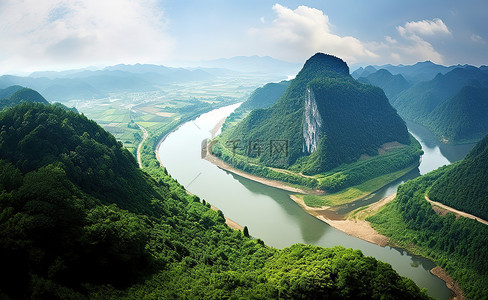 看山背景图片_从浙江南部的山腰看一条河