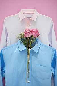 情侣拍照板背景图片_两件粉色和蓝色的衬衫都戴着花朵