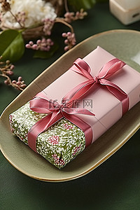 绿色中秋背景图片_包装上装饰着绿色和粉色的包装纸