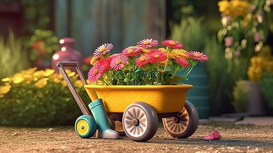 3D 渲染的陶瓷盆栽花卉植物在带有橡胶靴的花园独轮车中展示
