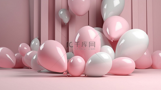 气球图案背景图片_3d 漂浮状态下的粉色和白色气球