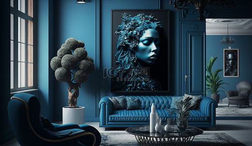 室内植物沙发蓝色背景