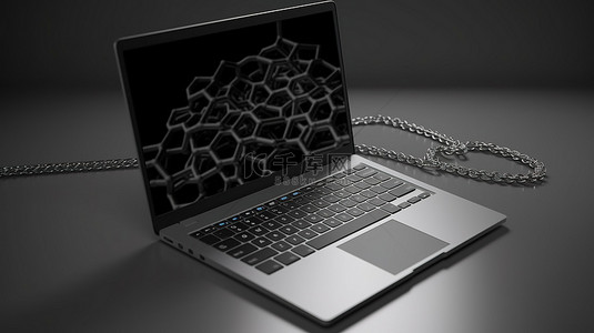 在中性灰色背景上显示区块链技术的笔记本电脑的 3D 渲染