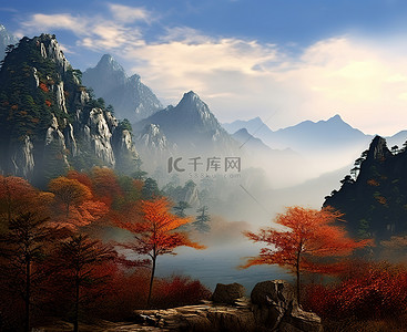 秋天的树叶从中国的一座大山上飘落