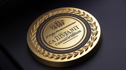 印章logo背景图片_特许会计师认证在黑纸背景 3D 插图上闪耀金色印章