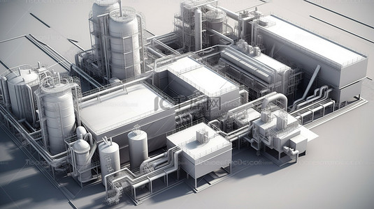 建筑项目的体积设计元素工厂和厂区的 3D 模型，包括建筑物锅炉和绿化