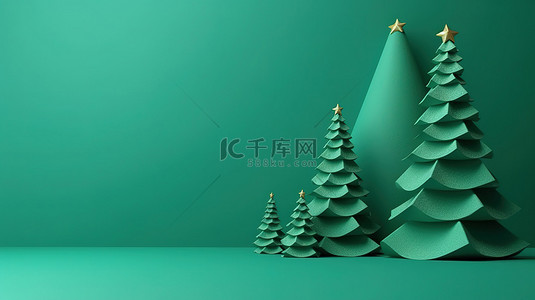 3D 在彩色纸张背景上呈现最小的圣诞树，并带有文本空间