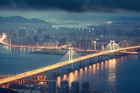 首尔天际线城市桥梁河流云天空和海滩