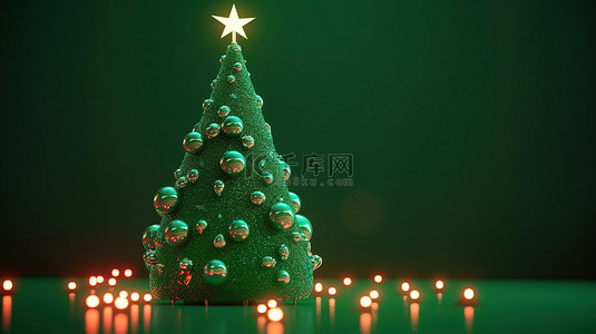 金圣诞快乐背景图片_节日的 3D 渲染装饰圣诞树在绿色背景下带有文本和徽标的空间