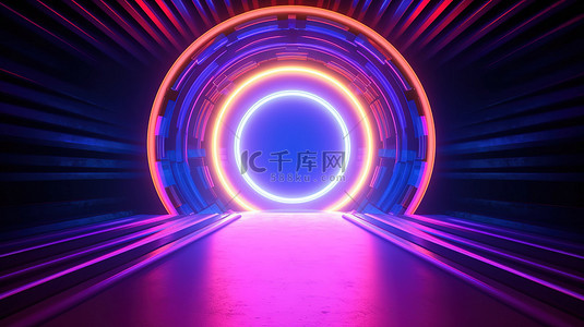 蓝色科技圈圆背景图片_带有霓虹灯圆元素的抽象科幻隧道的 3d 渲染