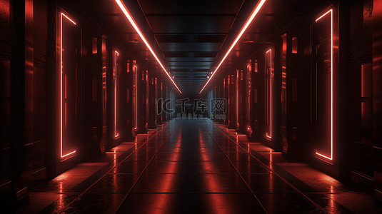 带柱子和红光的深色金属走廊在 3D 渲染中留下令人惊叹的科幻场景