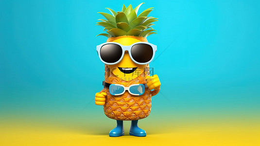 卡通水果菠萝背景图片_欢快的卡通时髦菠萝吉祥物，在阳光明媚的黄色背景上带有蓝色健身追踪器，以 3D 渲染