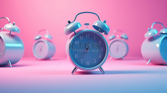 高峰时间提醒 3D 渲染蓝色闹钟在充满活力的粉红色背景上响起，发出唤醒时间或工作通知