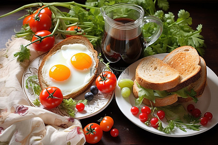 早餐包括鸡蛋西红柿香草和面包咖啡和果汁