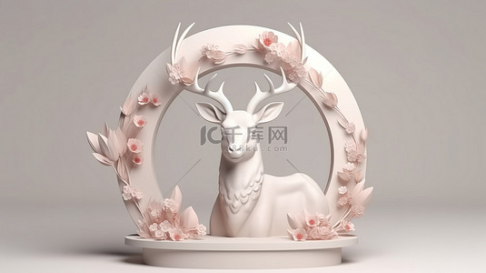 米色和白色讲台上展示的花冠鹿的 3D 渲染