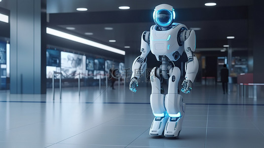 未来的衣服背景图片_带数字屏幕的机场助理机器人在令人惊叹的 3D 渲染中