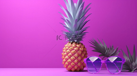 紫色美食背景背景图片_夏季紫色背景海报上菠萝的时尚 3D 渲染