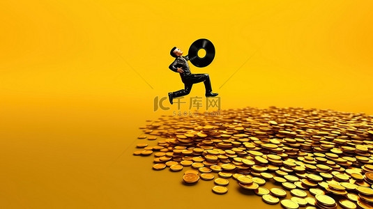 金色乙烯基唱片在黄色背景下从黑色跳板上跳下的 3D 渲染