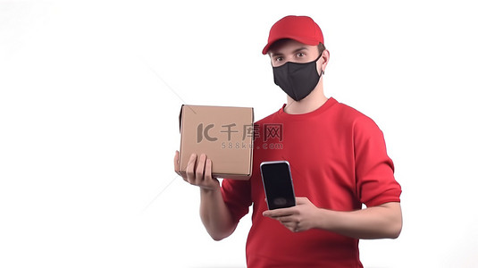 智能服务背景图片_身穿喜庆红色圣诞 T 恤和面具的送货员携带纸板箱和智能手机，描绘物流概念孤立的 3D 插图