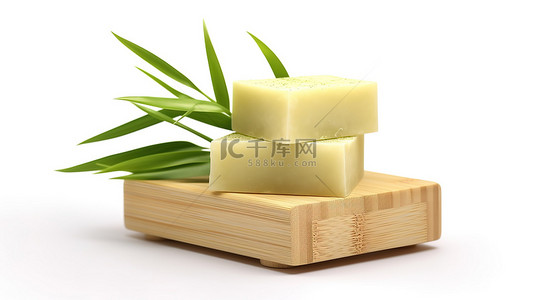 草本精华背景图片_柠檬草肥皂条和肥皂盒在 3D 白色背景中展示
