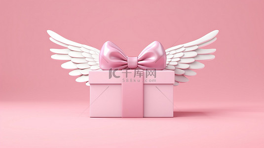红带背景图片_带翅膀的礼物盒粉红色背景 3d 渲染