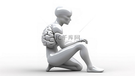 角色坐背景图片_坐在白色背景上孤立的大脑 3d 人身上