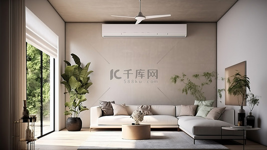 空调背景背景图片_宽敞而现代的客厅配有空调 3D 渲染模型
