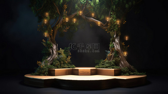 在 3D 渲染中装饰着树​​叶和装饰品的讲台