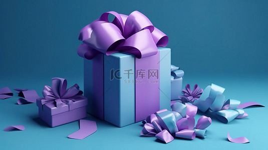 令人惊叹的紫色礼品盒，带有礼物的 3D 插图和蓝色背景上的缎带，非常适合节日