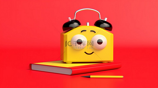 黄色写字板背景图片_一个古怪的闹钟吉祥物，带有红色剪贴板铅笔和纸，在 3D 渲染的充满活力的黄色背景上