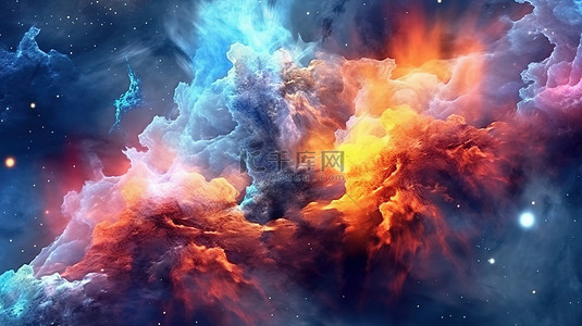 色彩缤纷的抽象空间 3D 渲染中充满活力的星空宇宙行星团和星云