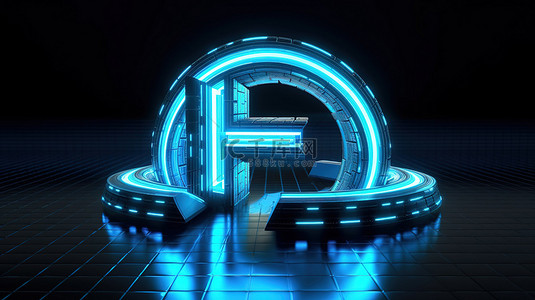 未来派蓝色霓虹灯 led 数字字体 3d 渲染字母 f