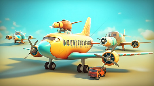 海滩沙滩背景图片_3D 渲染的飞机与卡通风格的旅行横幅