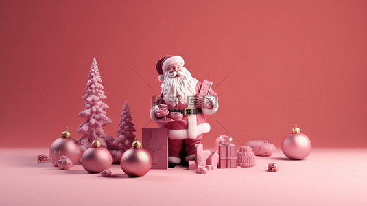 粉红色背景下圣诞老人礼物和日历的节日 3D 渲染