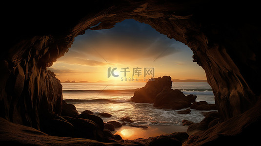 从洞穴入口处看到的日落海洋 3D 视图