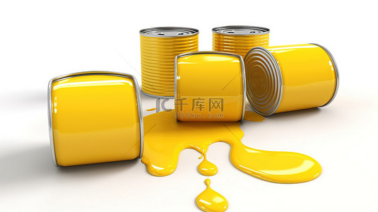 金洒背景图片_白色背景上金属罐溢出黄色油漆的 3D 插图