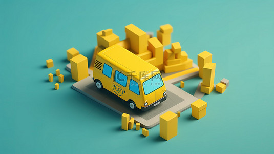 带有位置图标 3D 渲染的蓝色背景描绘了从带有盒子的智能手机中出现的黄色货车