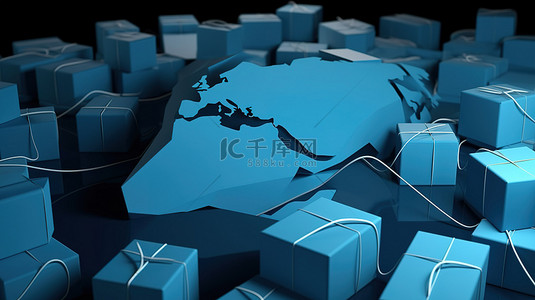 全球移动背景图片_虚拟世界连接蓝色纸箱和 3d 渲染中的计算机鼠标