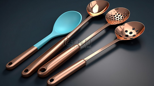 工具房背景图片_3D 渲染铜柄硅胶厨房工具集合