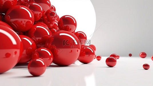 在 3D 渲染和插图中带有飞行红色球体的最小概念白色背景
