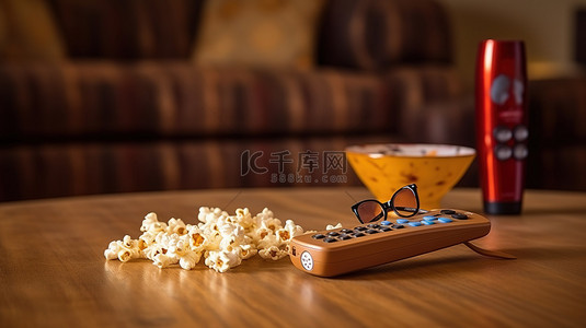 家庭电影之夜必需品爆米花 3D 眼镜和电视遥控器放在质朴的木桌上